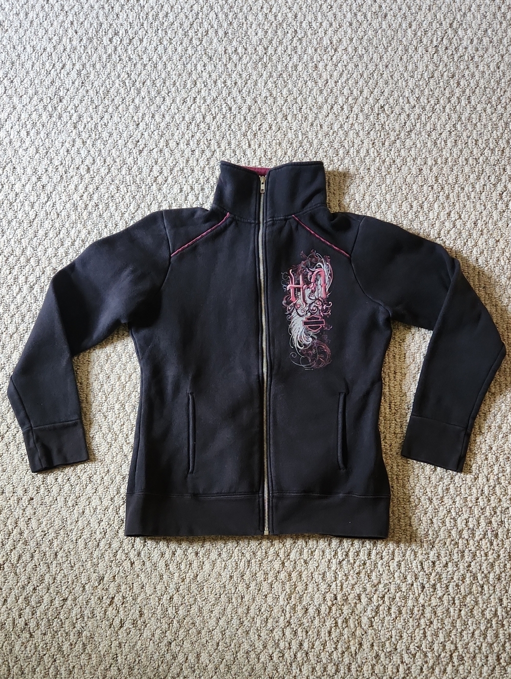 Harley-Davidson Black Zip Front Bomber Jacket with Pink Embroidery